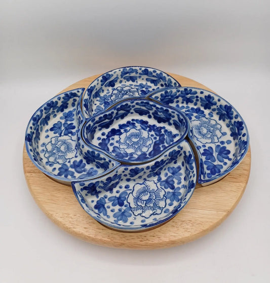 Plateau Tournant à Apéritifs – 5 Compartiments – Décor Floral Bleu Style Delft AR CONCEPT